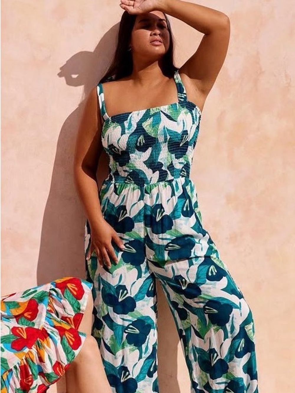 Yireh Smocked Wide-Leg Jumpsuit in Teal Floral, Small